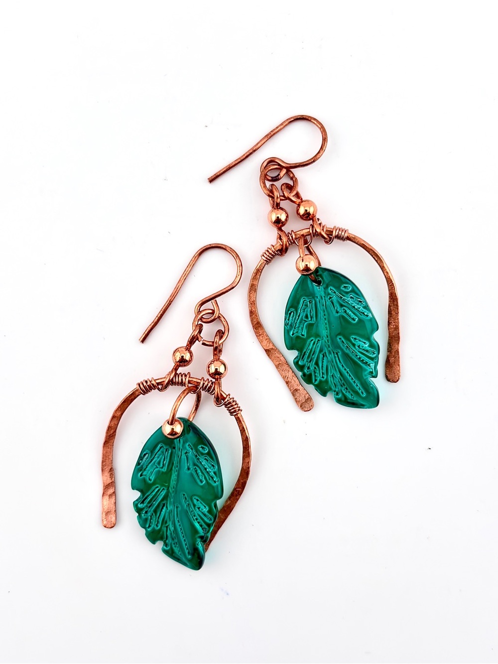 HANDMADE Glass Leaf Copper Dangle Earrings, Artisan Jewelry Gift for Her